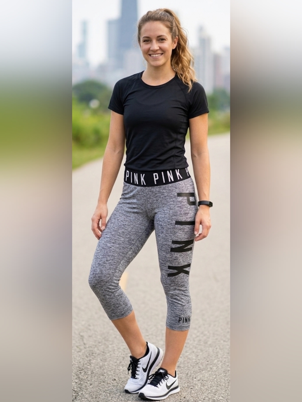 PINK Victoria's Secret Gray Marled Logo Waistband Capri Cropped Leggings M